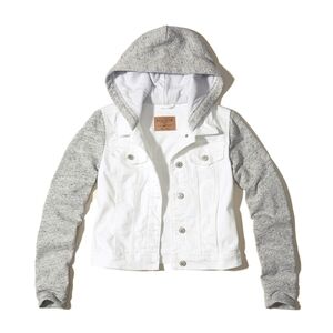 HOLLISTER White Denim Cotton Hooded Jacket Heather Grey Sleeves XS